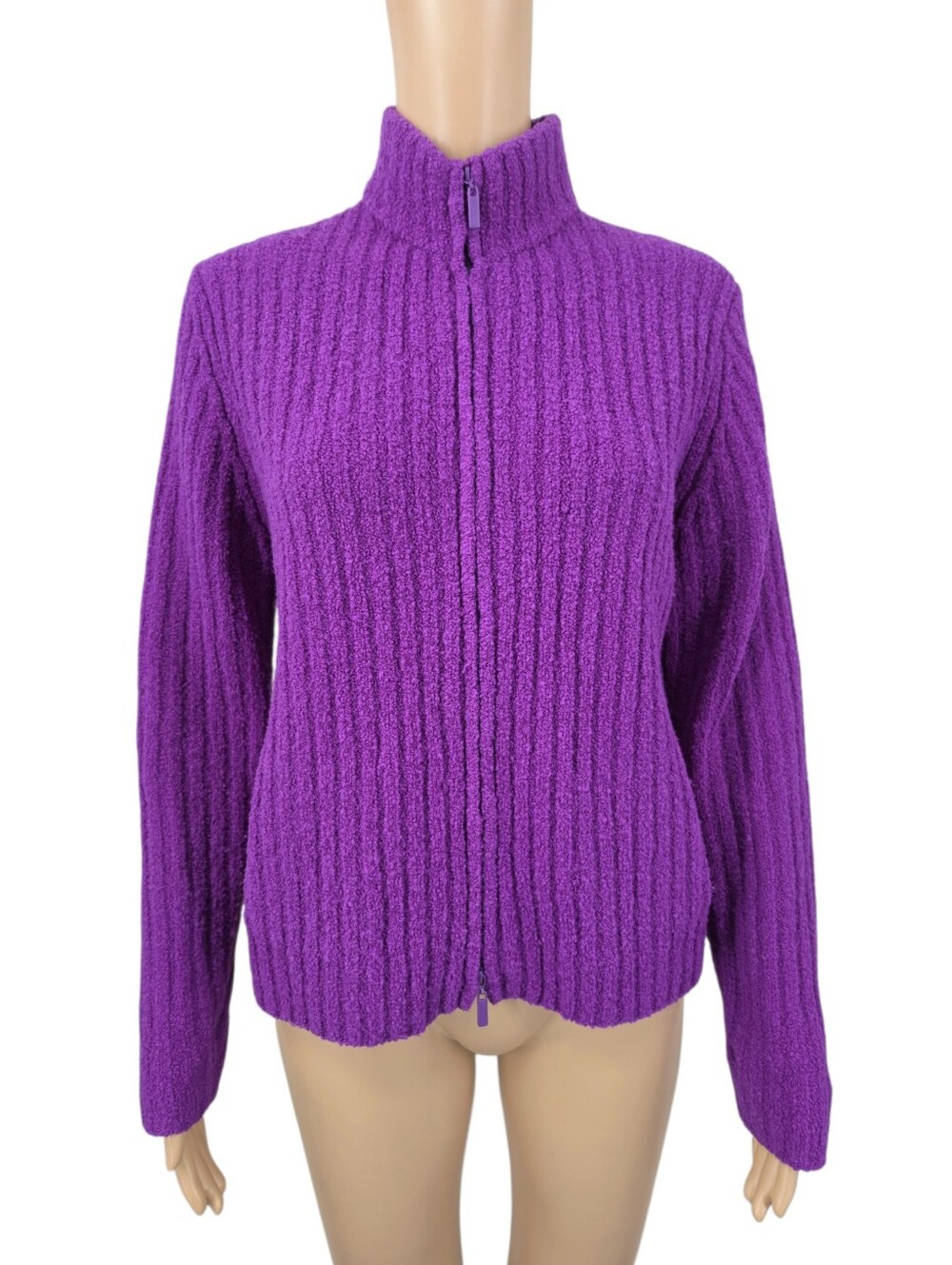 Eileen Fisher Wool Wide Ribbed Full Zip Cardigan Sweater Purple Mock Neck